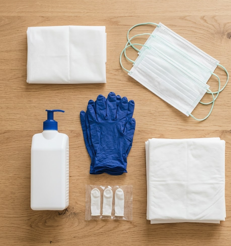 Pflegehilfsmittel zum Verbrauch übersichtlich auf einem Tisch: Handschuhe, Masken, Desinfektion und Einlagen