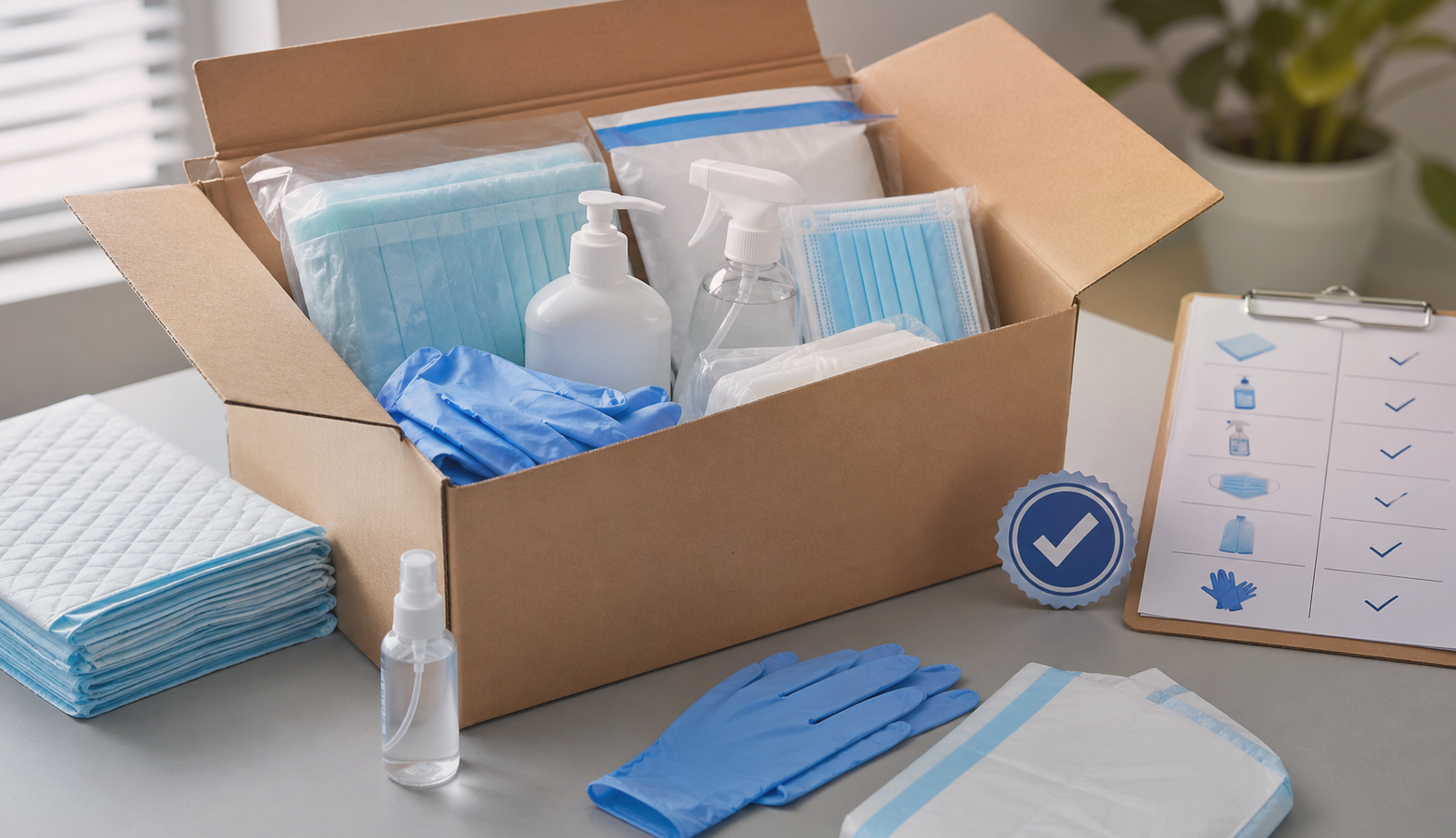 Geöffnete Pflegepaket-Box mit Einmalhandschuhen, Masken, Desinfektion und Bettschutzeinlagen